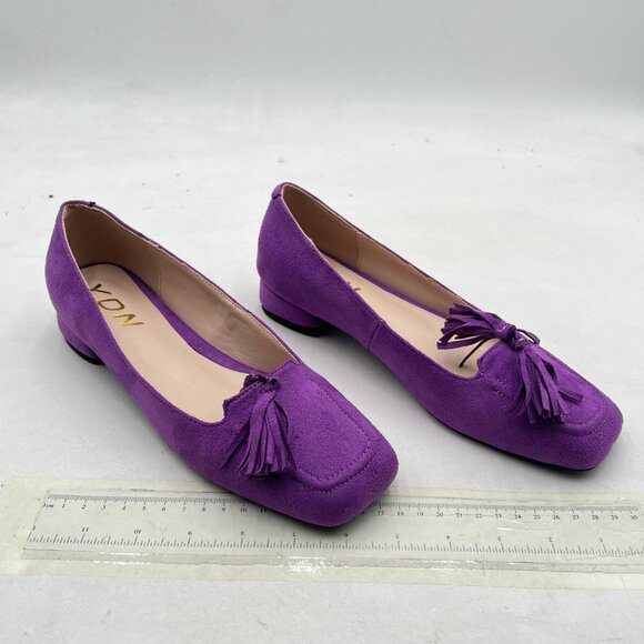 YDN Purple Block Low Heel Loafers Square Toe Tassel Fringed Pump Slip On Shoe - Picture 4 of 8
